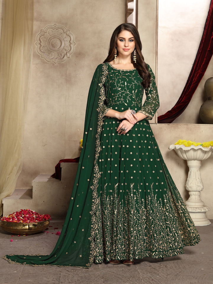 Beautiful green georgette Anarkali Gown showcasing delicate embroidery, ideal for weddings and festive gatherings.