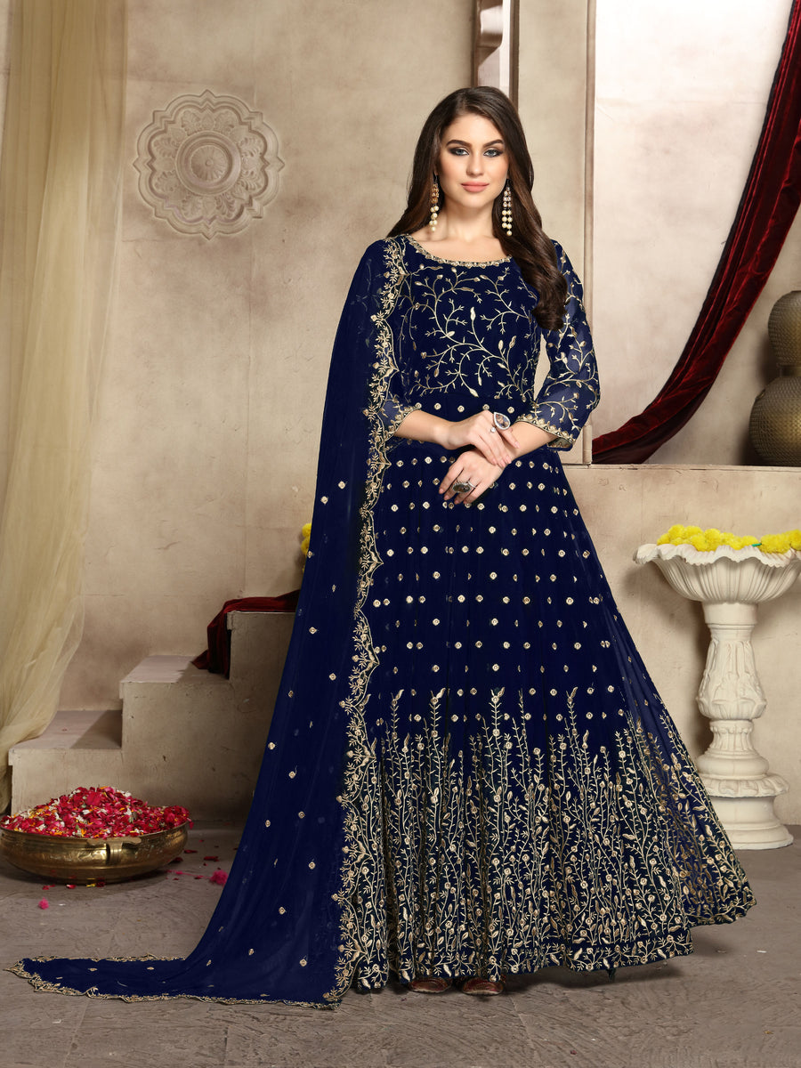 Chic blue georgette Anarkali Gown showcasing stylish embroidery, ideal for casual outings and festive gatherings.