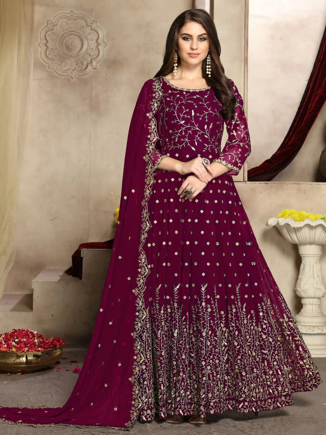 Wine Georgette Anarkali Gown | Sophisticated Design with Santoon Bottoms