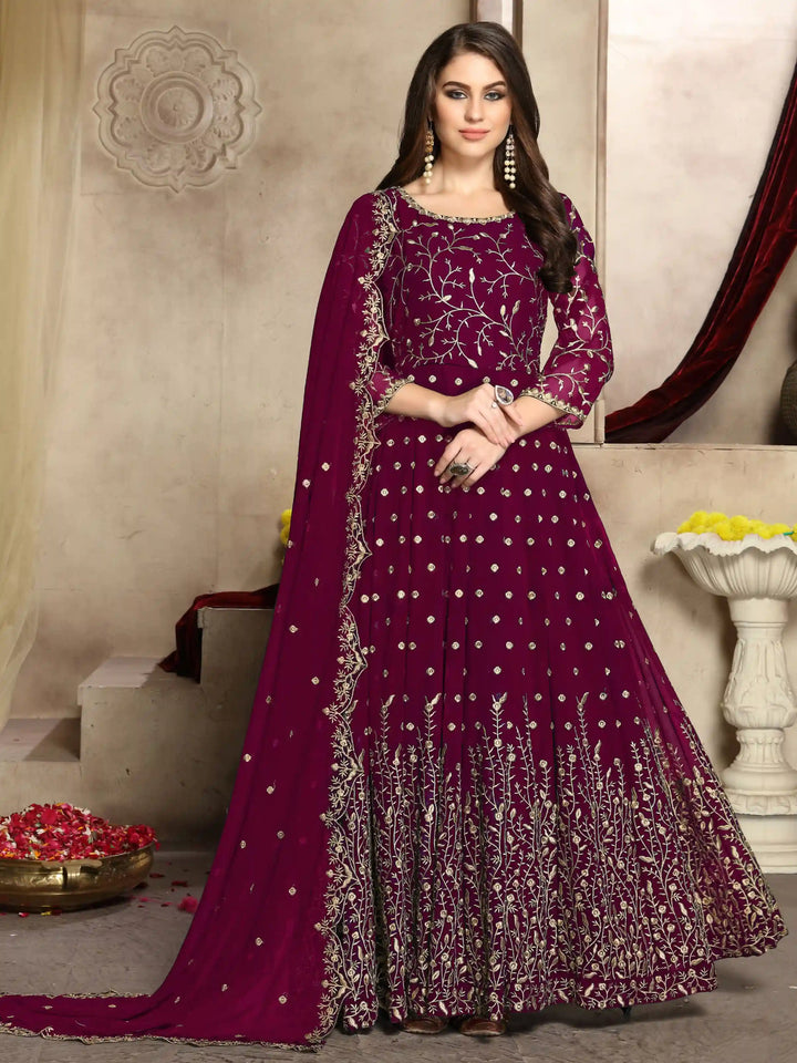 Wine Georgette Anarkali Gown | Sophisticated Design with Santoon Bottoms