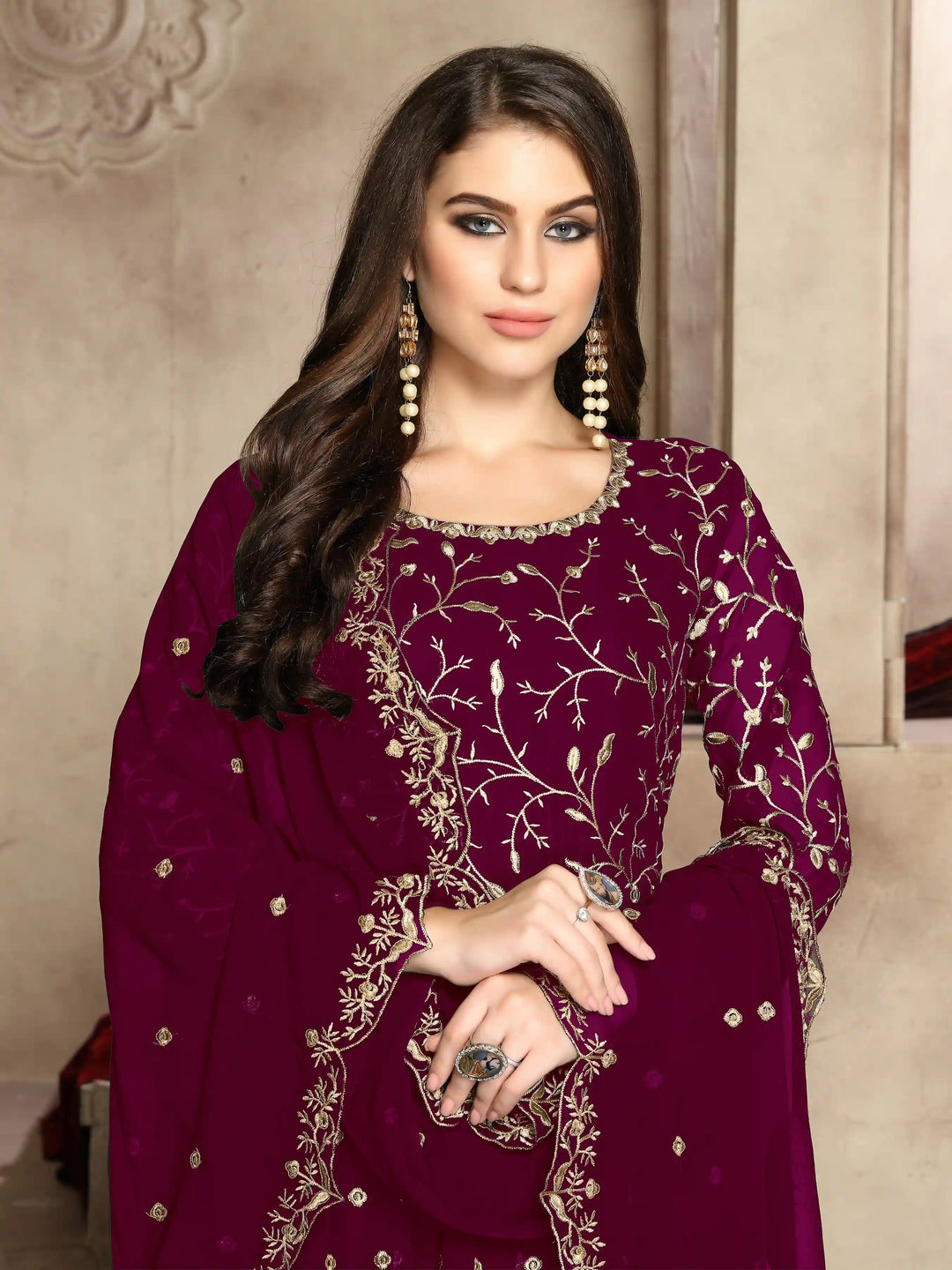 Wine Georgette Anarkali Gown | Sophisticated Design with Santoon Bottoms