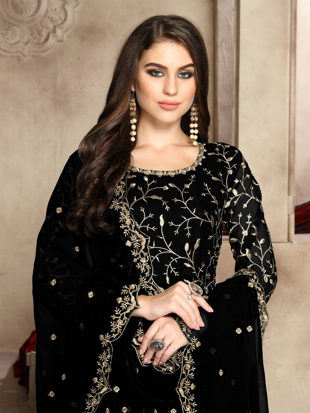 Chic black georgette Anarkali Gown with exquisite craftsmanship and intricate designs, designed for stylish women in the USA.