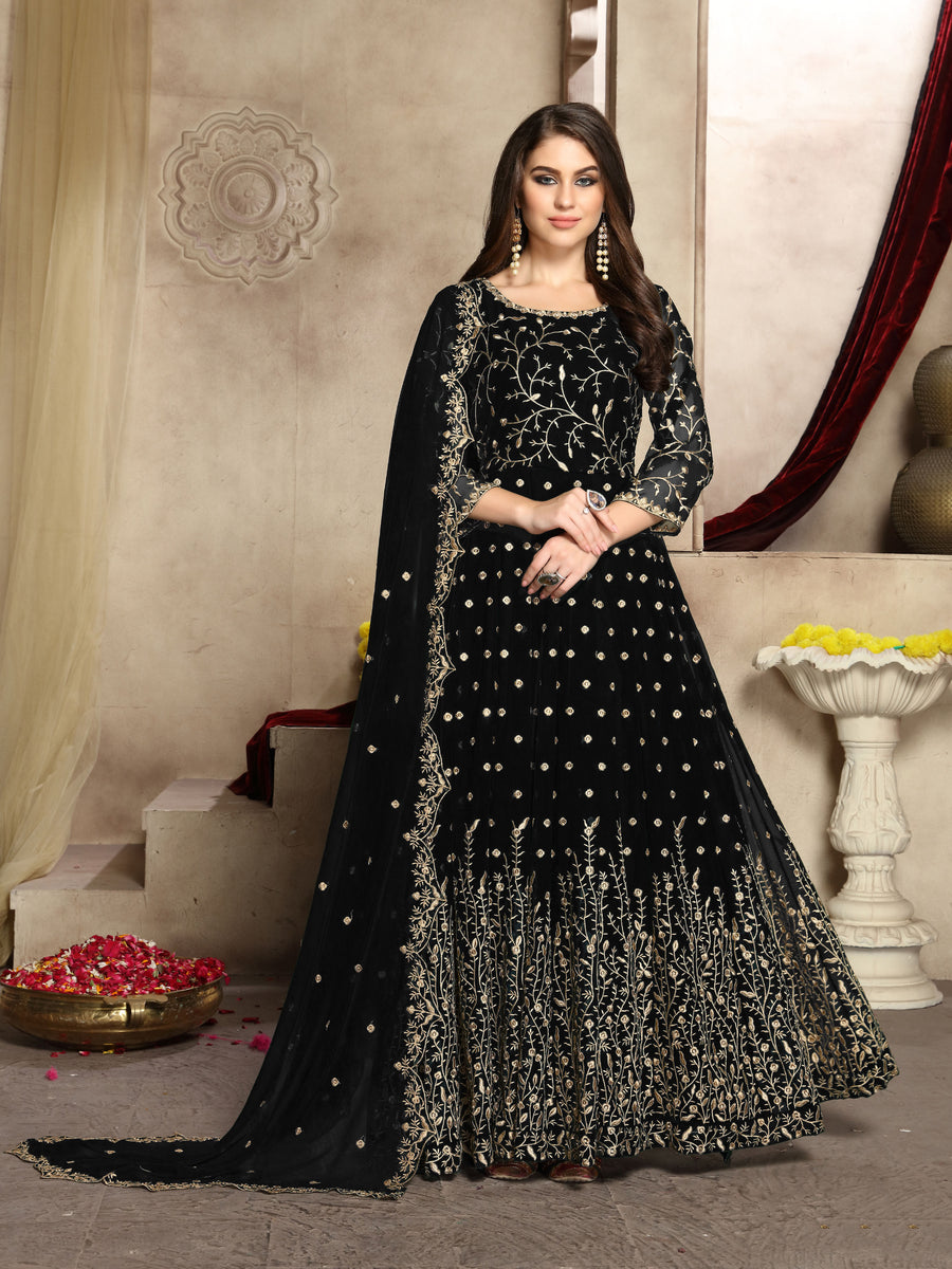 Elegant black georgette Anarkali Gown featuring intricate detailing, perfect for festive events and celebrations.