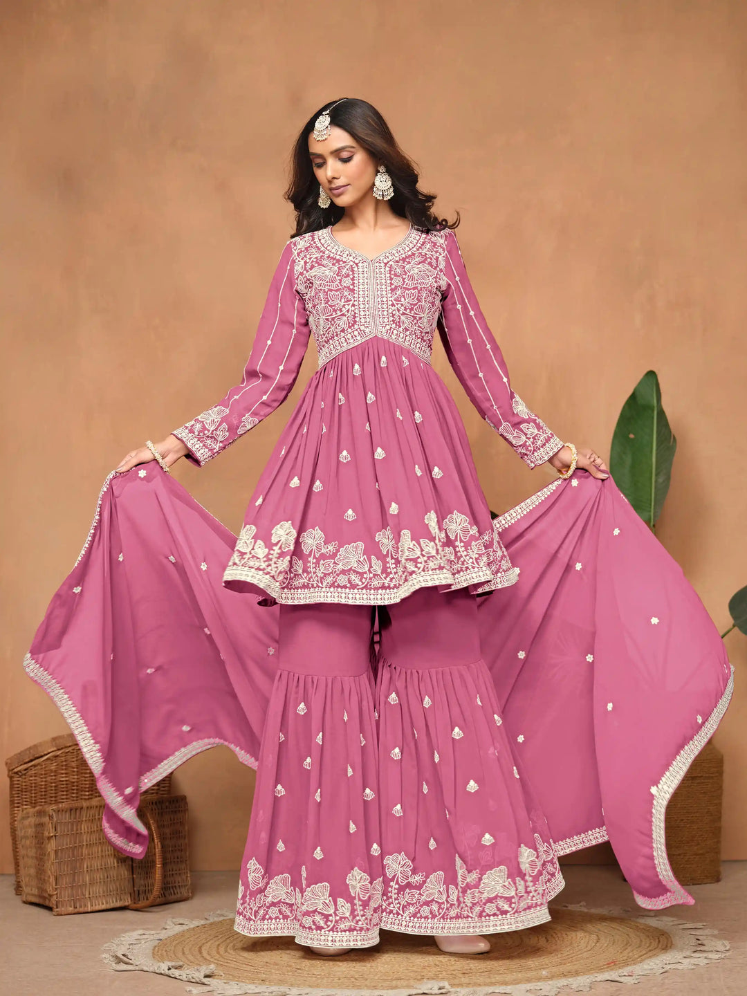 Traditional Sharara Suit | Elegant Faux Georgette with Thread Embroidery