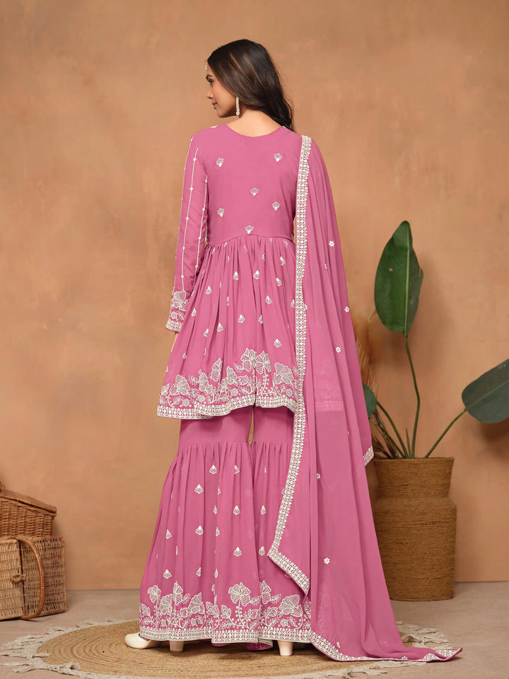 Traditional Sharara Suit | Elegant Faux Georgette with Thread Embroidery