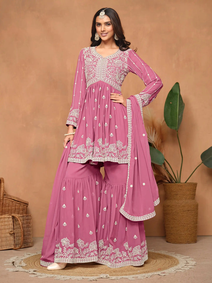 Traditional Sharara Suit | Elegant Faux Georgette with Thread Embroidery