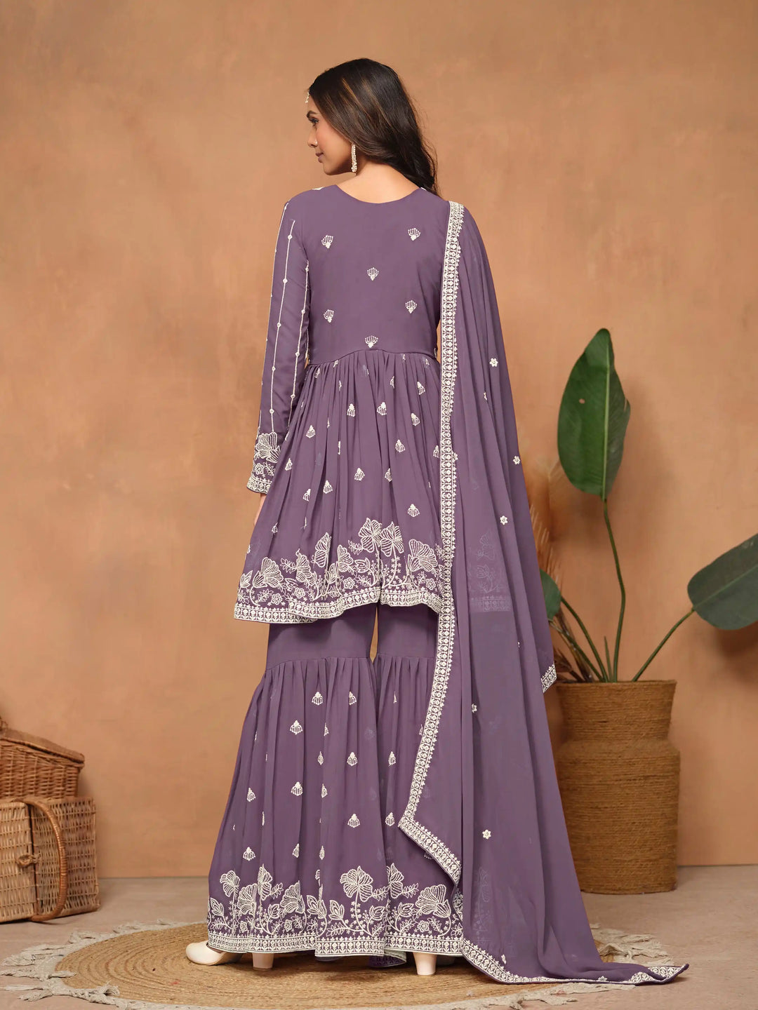 Traditional Sharara Suit | Elegant Faux Georgette with Thread Embroidery