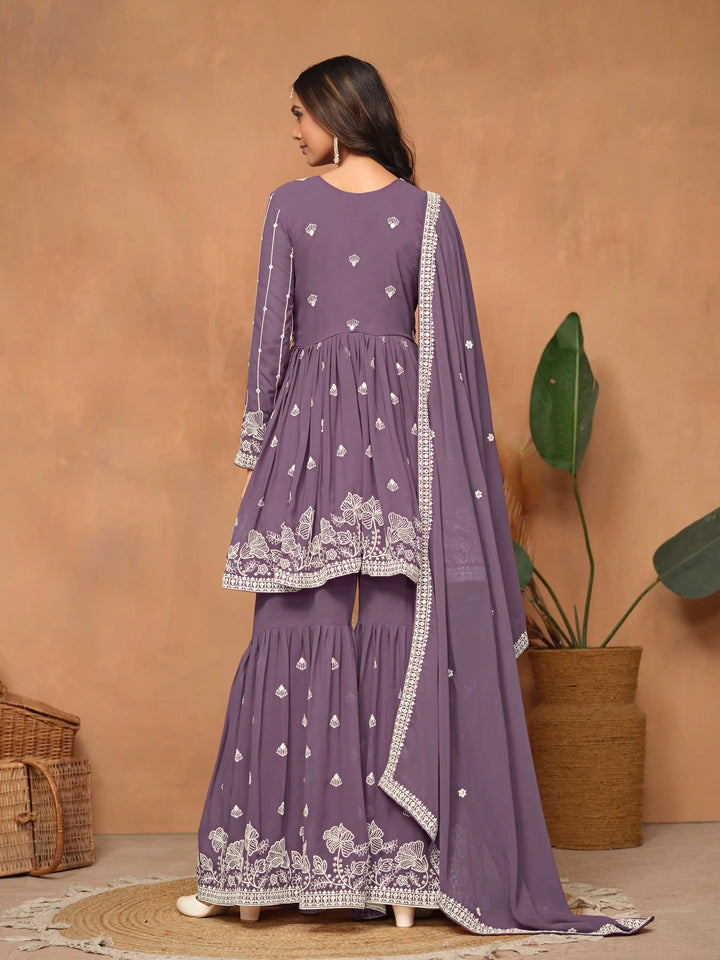 Traditional Sharara Suit | Elegant Faux Georgette with Thread Embroidery