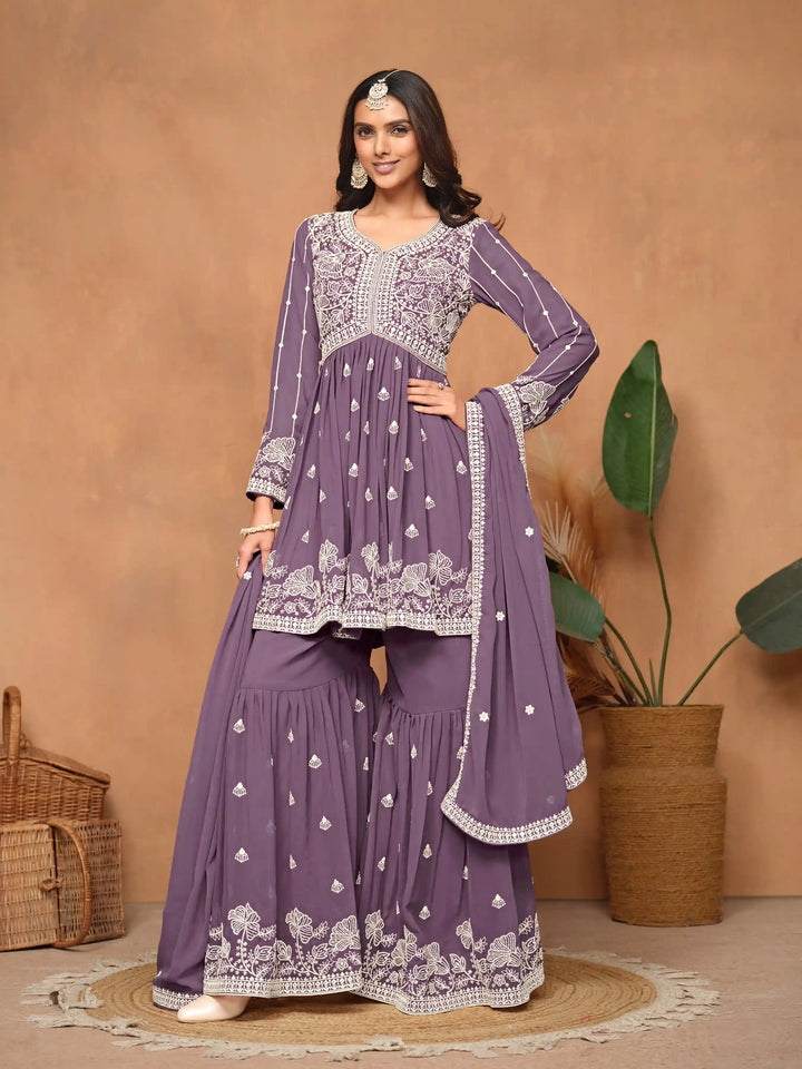 Traditional Sharara Suit | Elegant Faux Georgette with Thread Embroidery