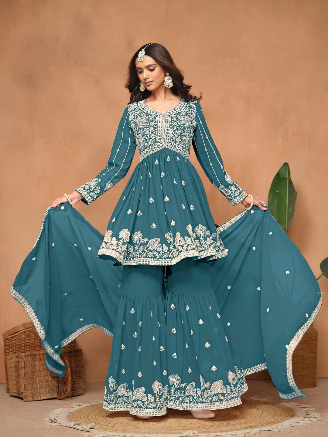 Traditional Sharara Suit | Elegant Faux Georgette with Thread Embroidery