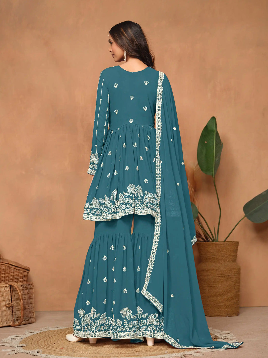 Traditional Sharara Suit | Elegant Faux Georgette with Thread Embroidery