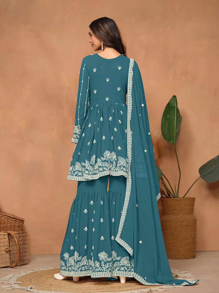 Traditional Sharara Suit | Elegant Faux Georgette with Thread Embroidery
