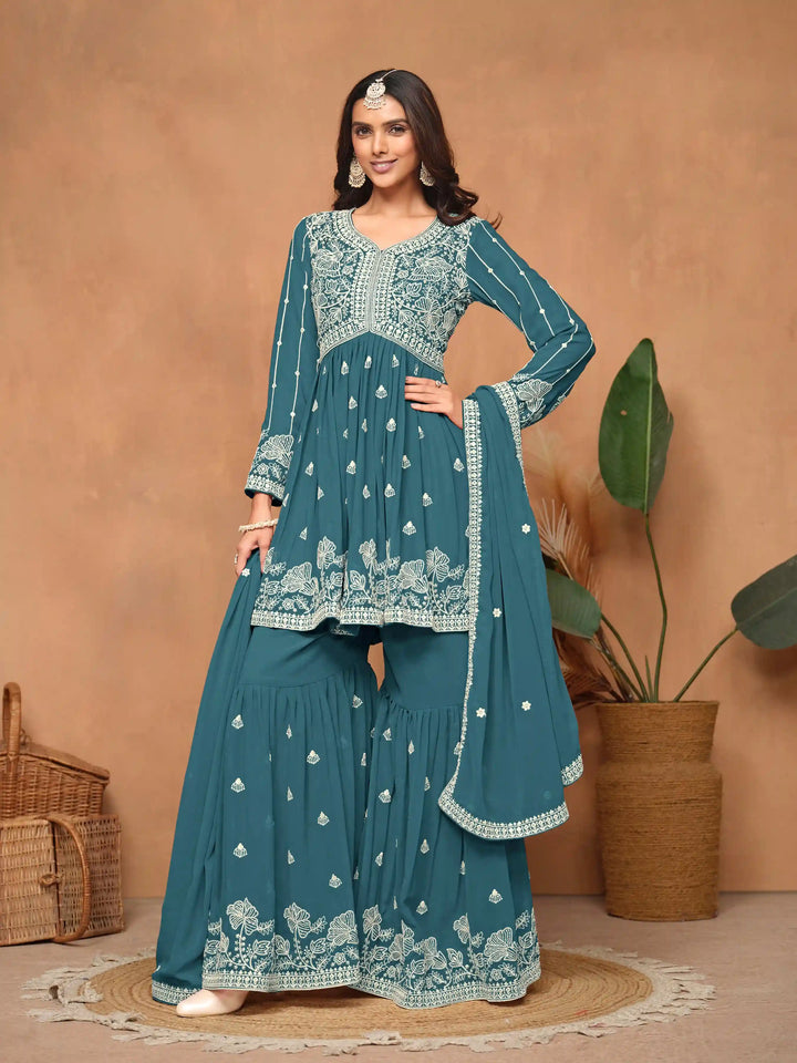 Traditional Sharara Suit | Elegant Faux Georgette with Thread Embroidery