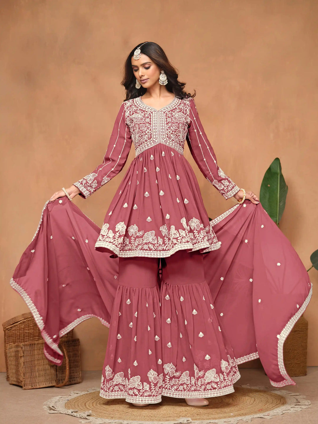 Traditional Sharara Suit | Elegant Faux Georgette with Thread Embroidery