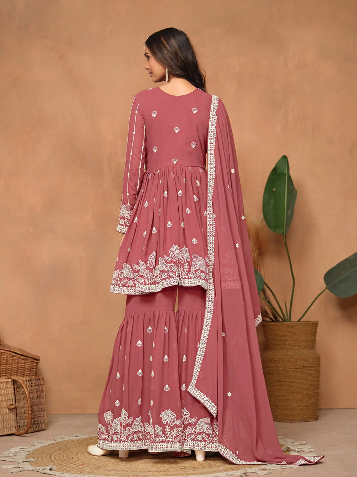 Traditional Sharara Suit | Elegant Faux Georgette with Thread Embroidery