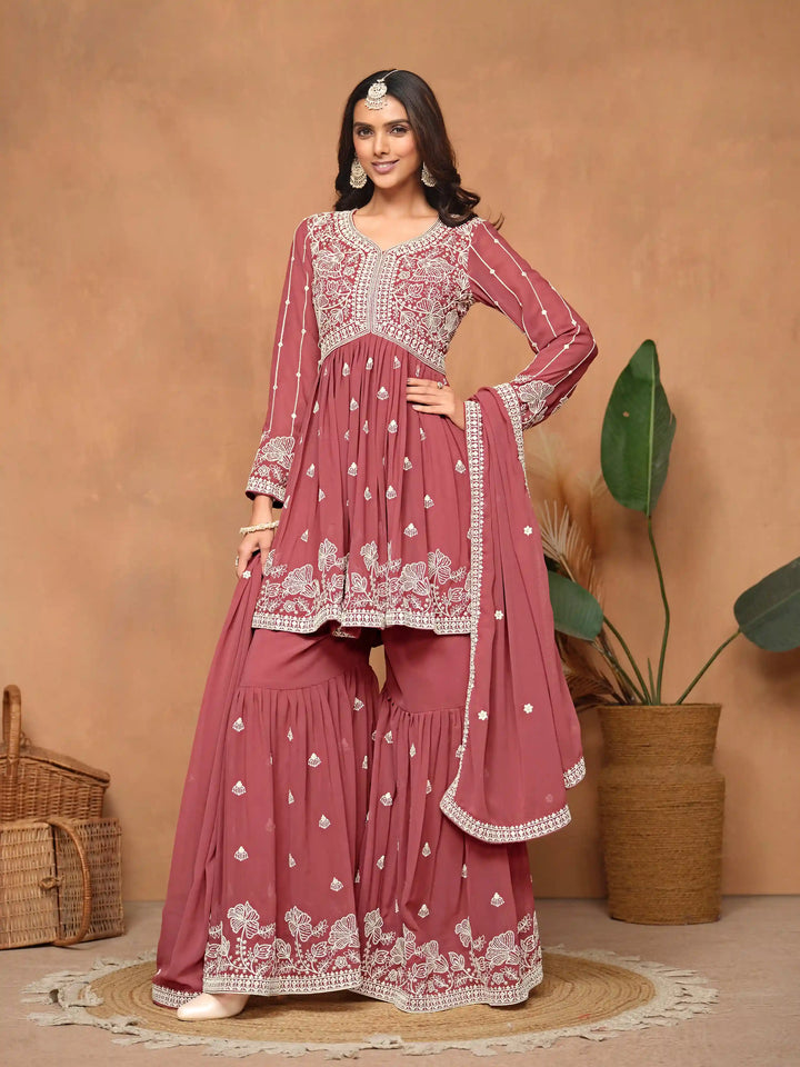 Traditional Sharara Suit | Elegant Faux Georgette with Thread Embroidery