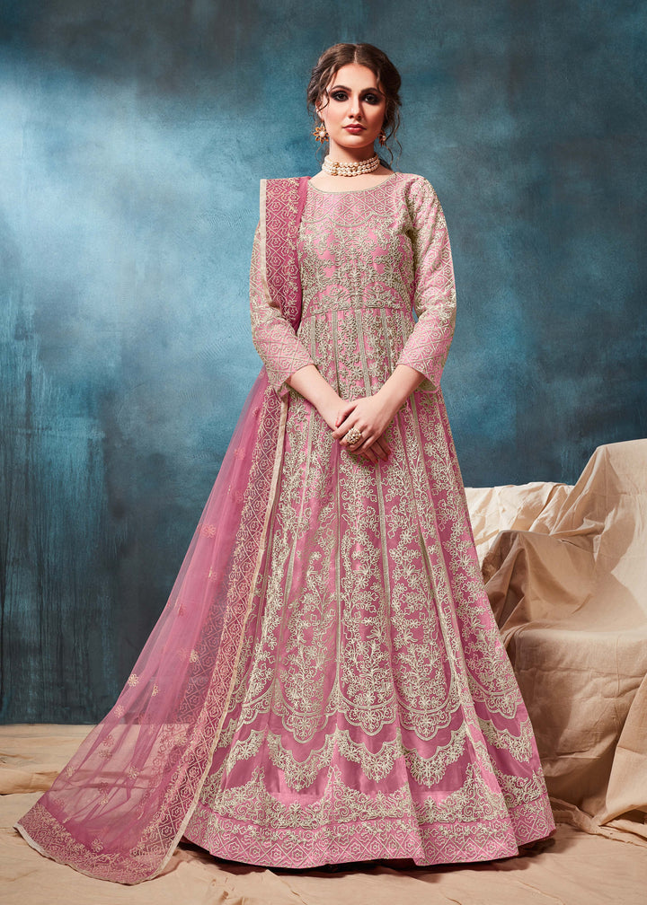 Elegant light pink Anarkali Set designed for celebrations, featuring exquisite detailing and a stylish silhouette.