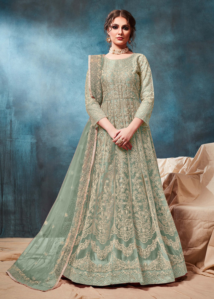 Chic pista Anarkali Set showcasing intricate detailing, designed for modern women attending festive occasions in the USA.