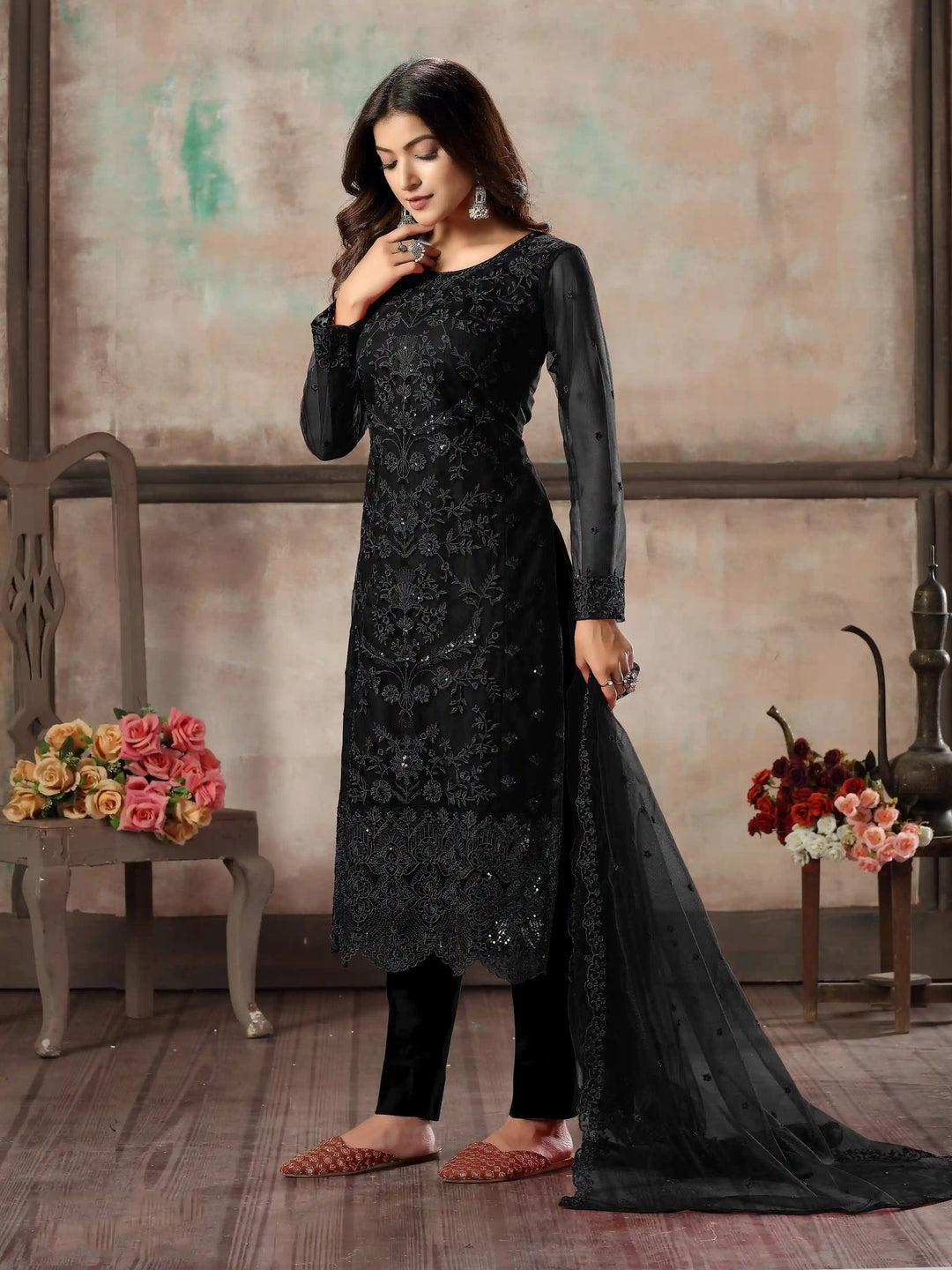 Premium Net Salwar Kameez | Festive Wear with Thread Embroidery & Sequin