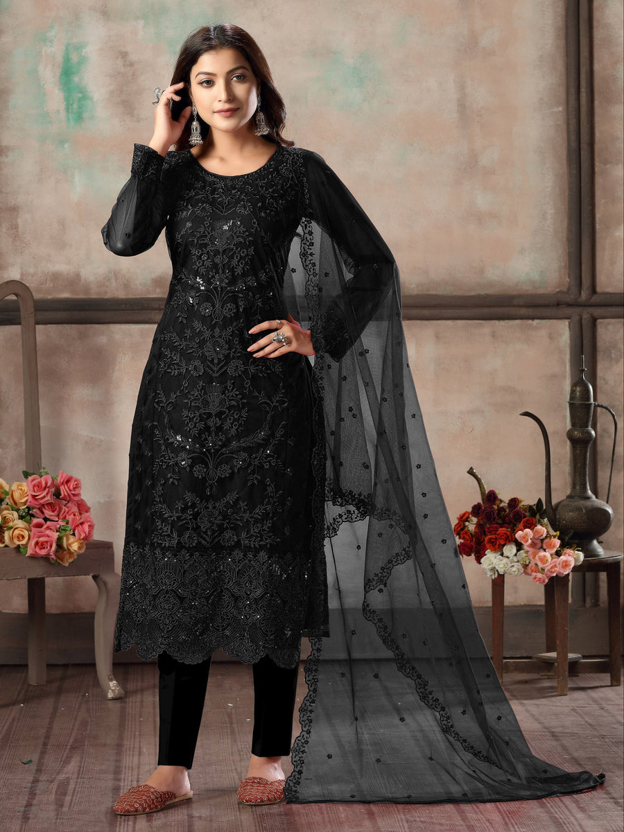 Elegant black salwar kameez set for women, ideal for formal ethnic occasions.