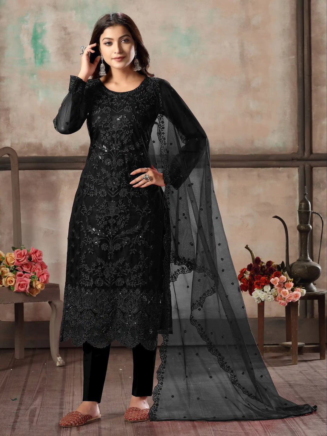Premium Net Salwar Kameez | Festive Wear with Thread Embroidery & Sequin