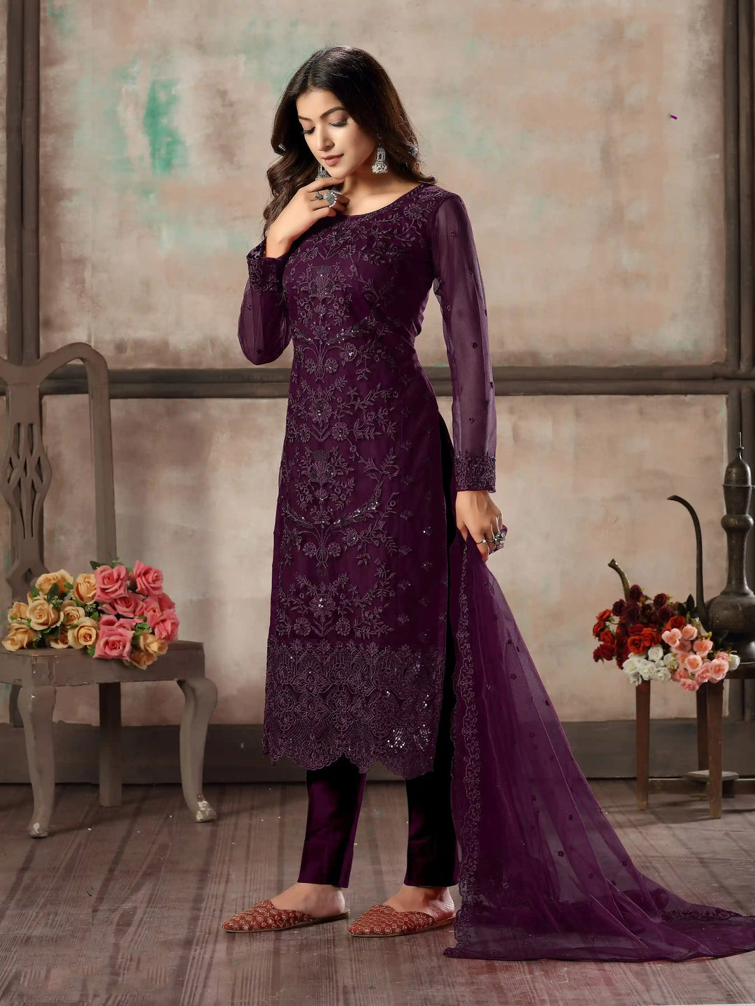 Premium Net Salwar Kameez | Festive Wear with Thread Embroidery & Sequin