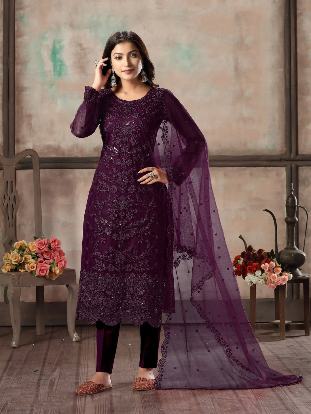 Premium Net Salwar Kameez | Festive Wear with Thread Embroidery & Sequin