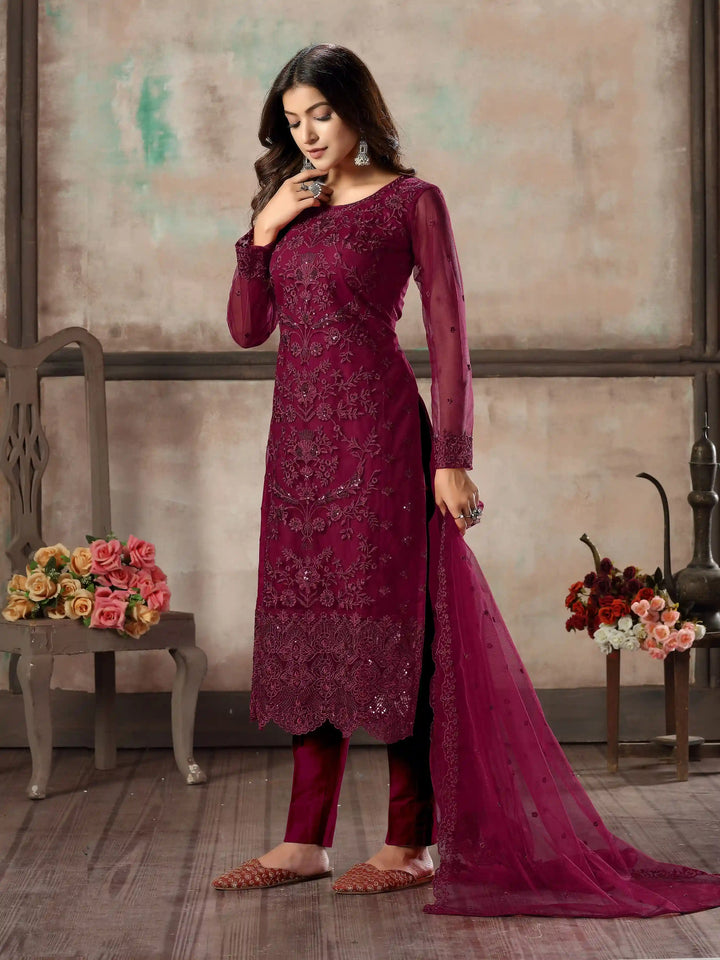 Premium Net Salwar Kameez | Festive Wear with Thread Embroidery & Sequin
