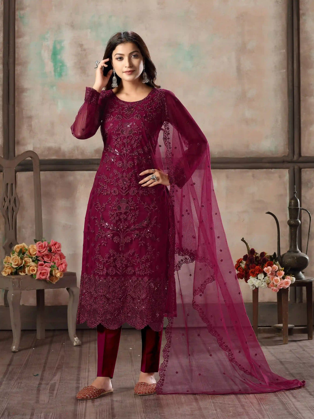 Premium Net Salwar Kameez | Festive Wear with Thread Embroidery & Sequin