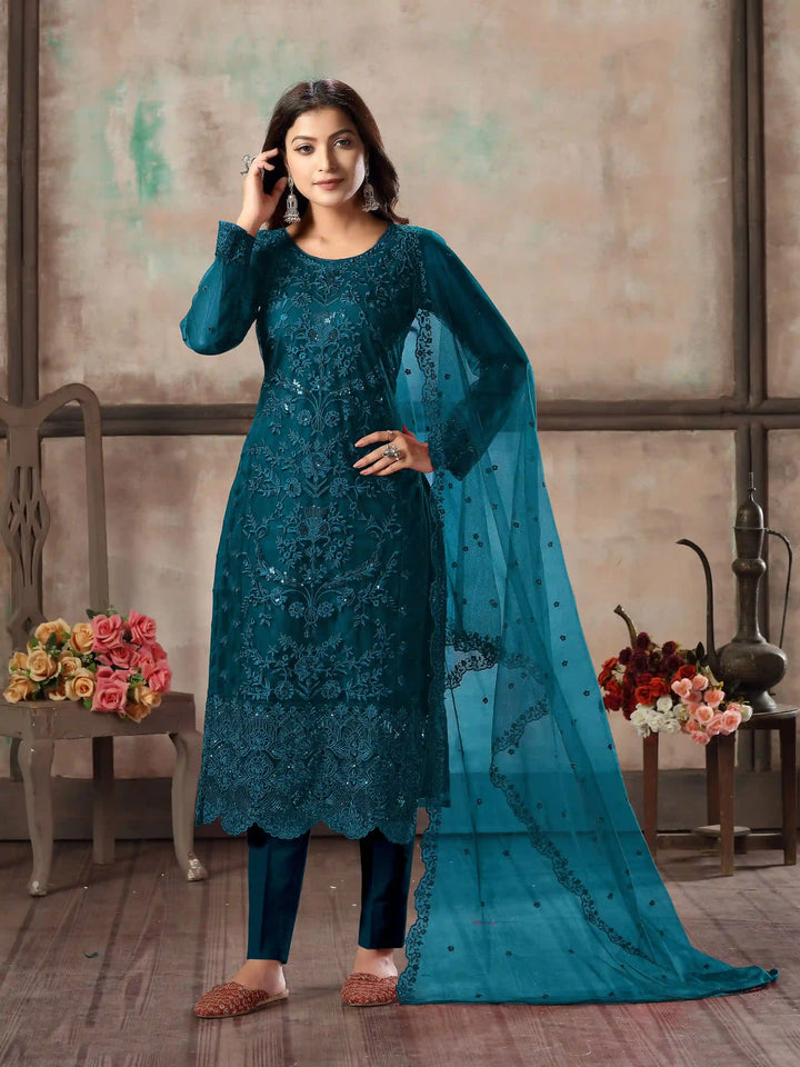 Premium Net Salwar Kameez | Festive Wear with Thread Embroidery & Sequin