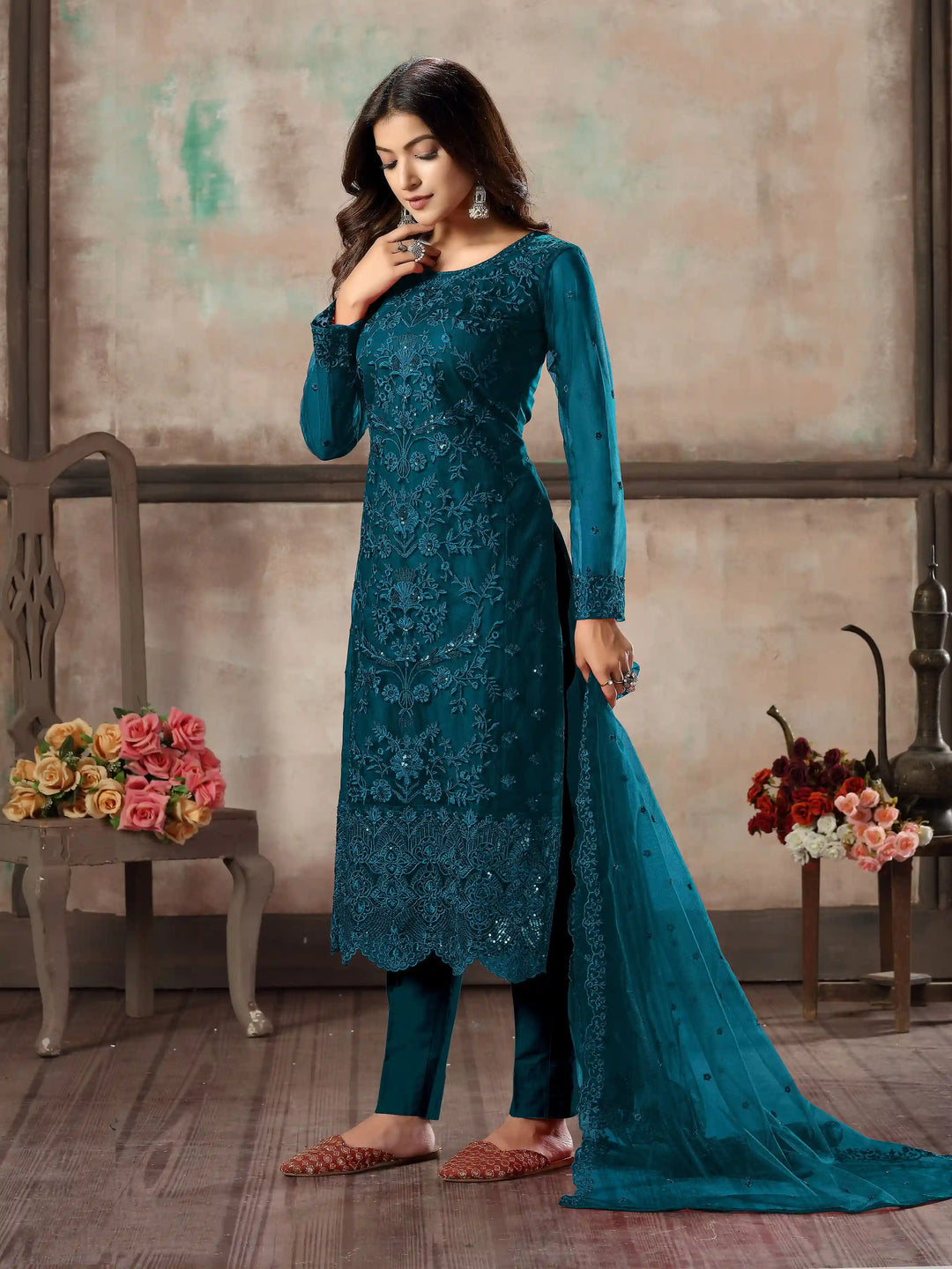 Premium Net Salwar Kameez | Festive Wear with Thread Embroidery & Sequin