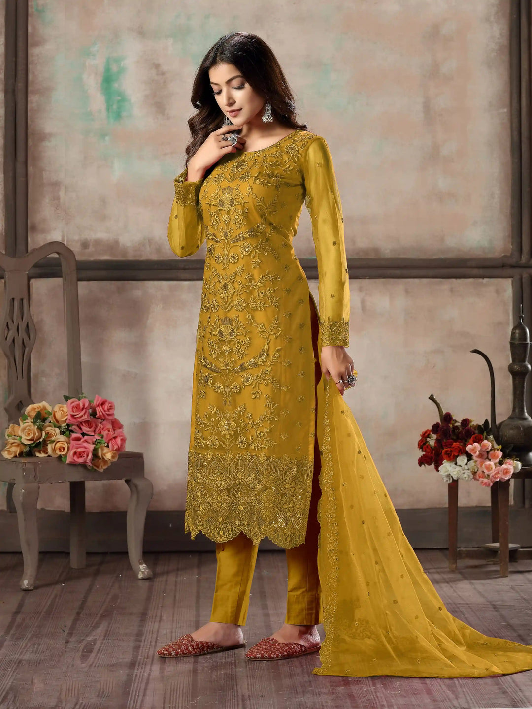 Premium Net Salwar Kameez | Festive Wear with Thread Embroidery & Sequin