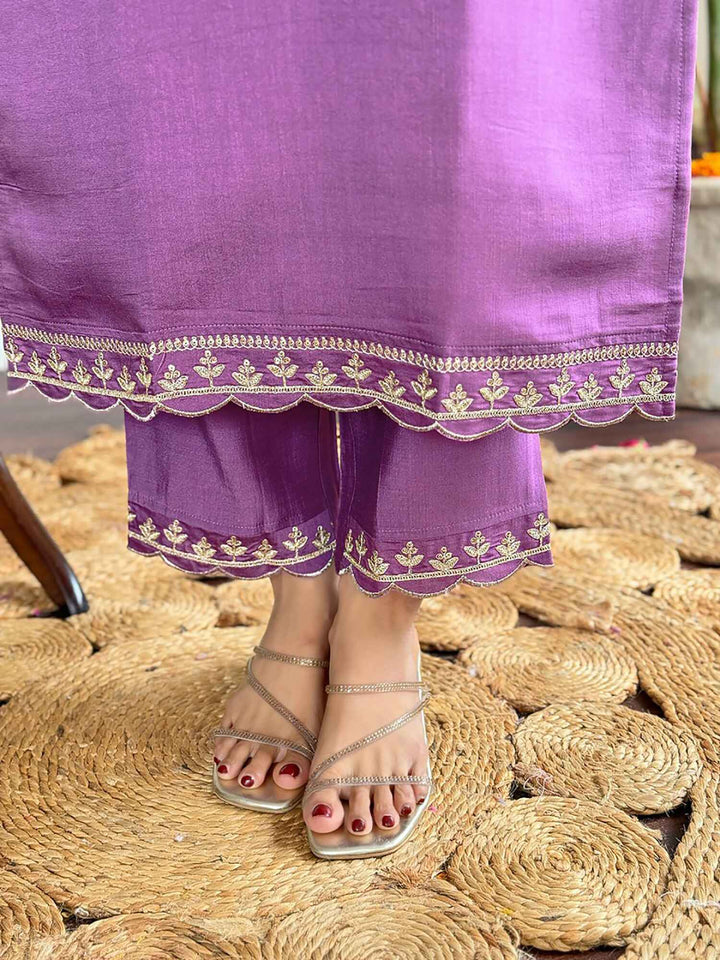 Shocking Purple Thread Embroidered Viscose Straight Suit With Dupatta