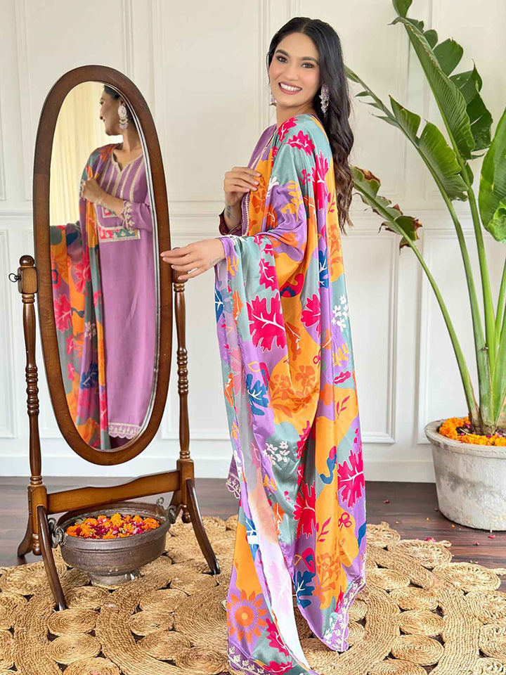 Shocking Purple Thread Embroidered Viscose Straight Suit With Dupatta