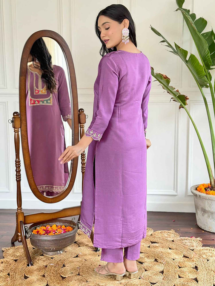 Shocking Purple Thread Embroidered Viscose Straight Suit With Dupatta