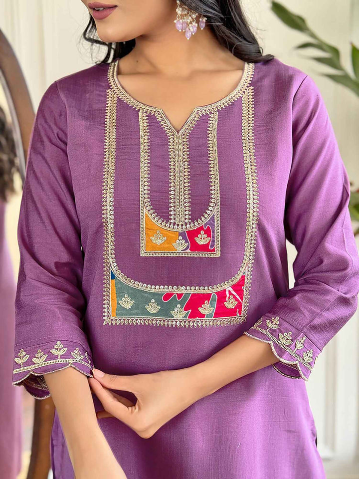 Shocking Purple Thread Embroidered Viscose Straight Suit With Dupatta