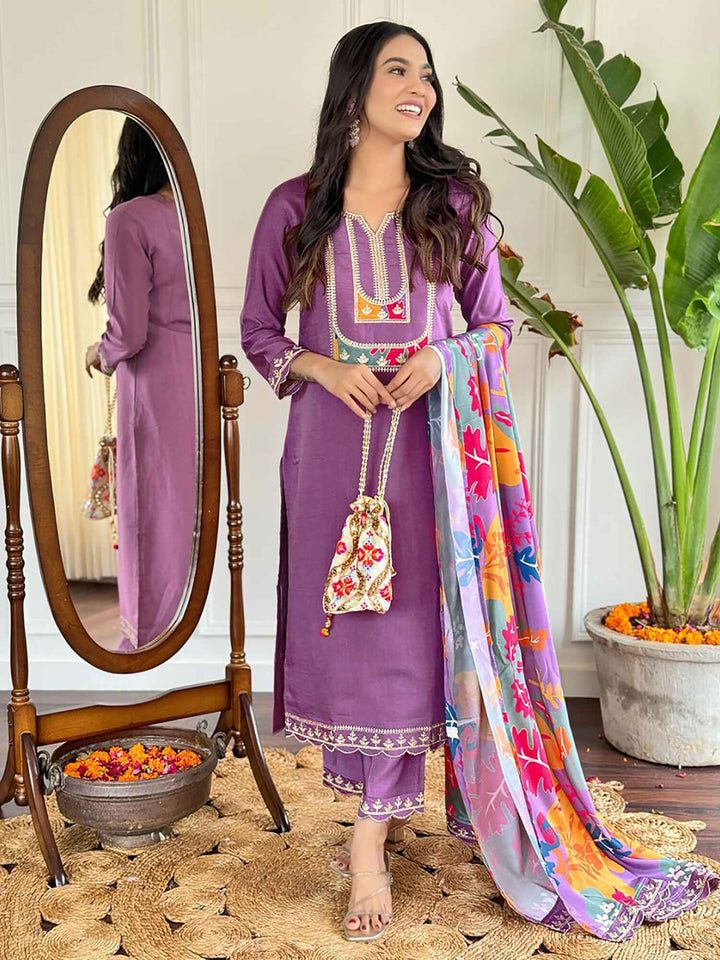 Shocking Purple Thread Embroidered Viscose Straight Suit With Dupatta