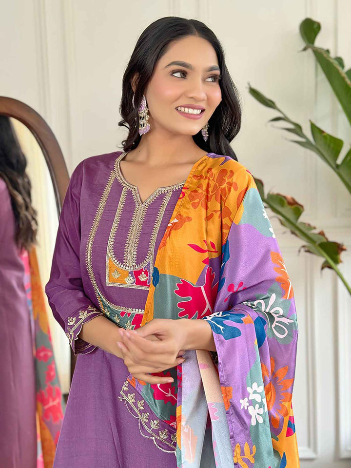 Shocking Purple Thread Embroidered Viscose Straight Suit With Dupatta