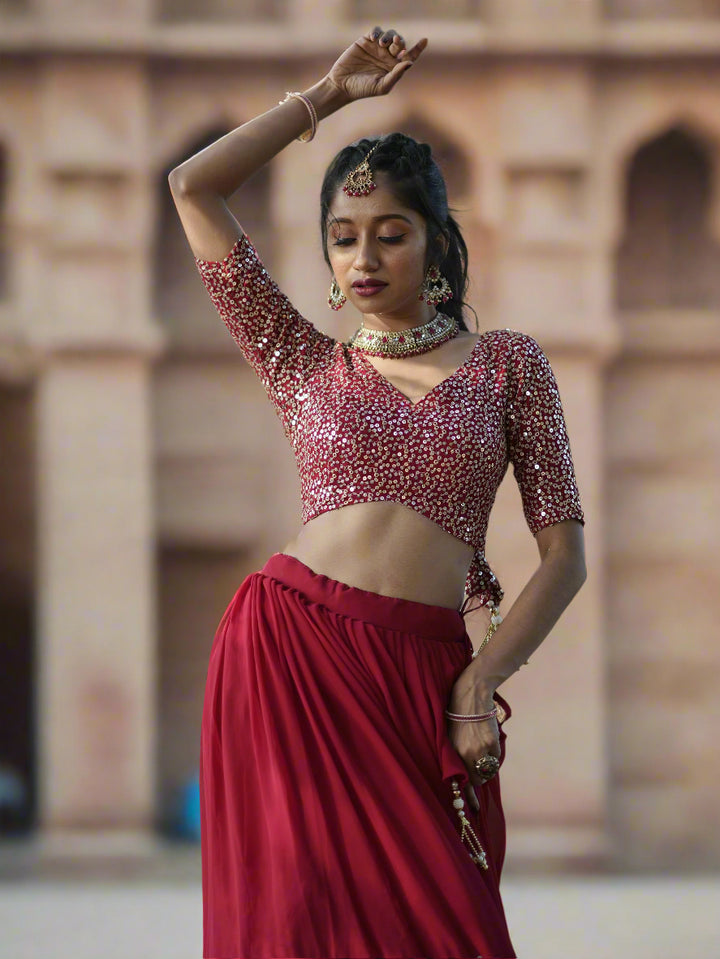Stunning Red Sequins Georgette Wedding Lehenga Choli With Dupatta