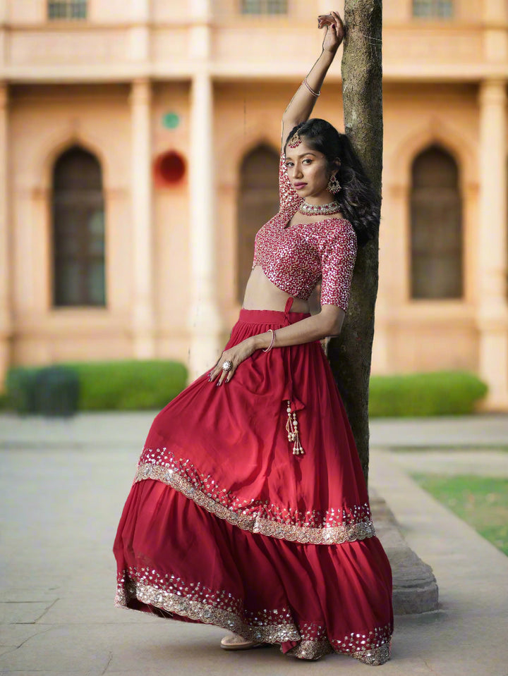 Stunning Red Sequins Georgette Wedding Lehenga Choli With Dupatta