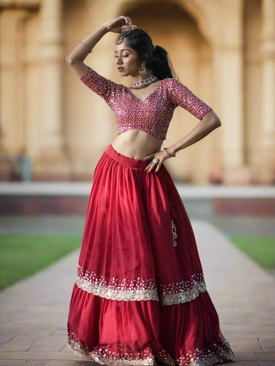 Stunning Red Sequins Georgette Wedding Lehenga Choli With Dupatta