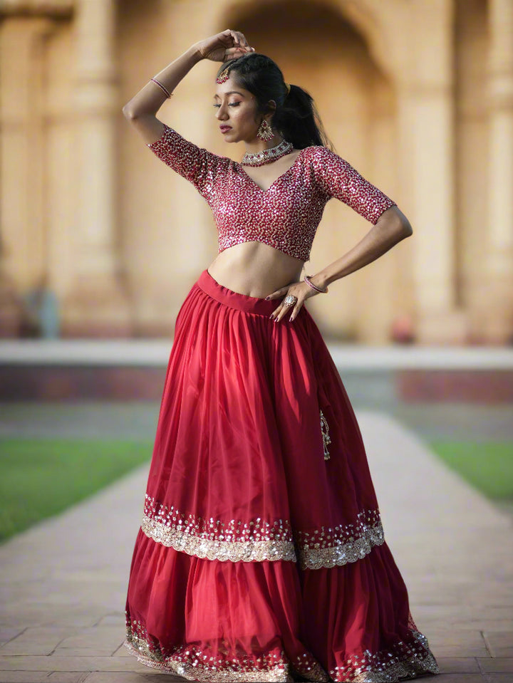 Stunning Red Sequins Georgette Wedding Lehenga Choli With Dupatta