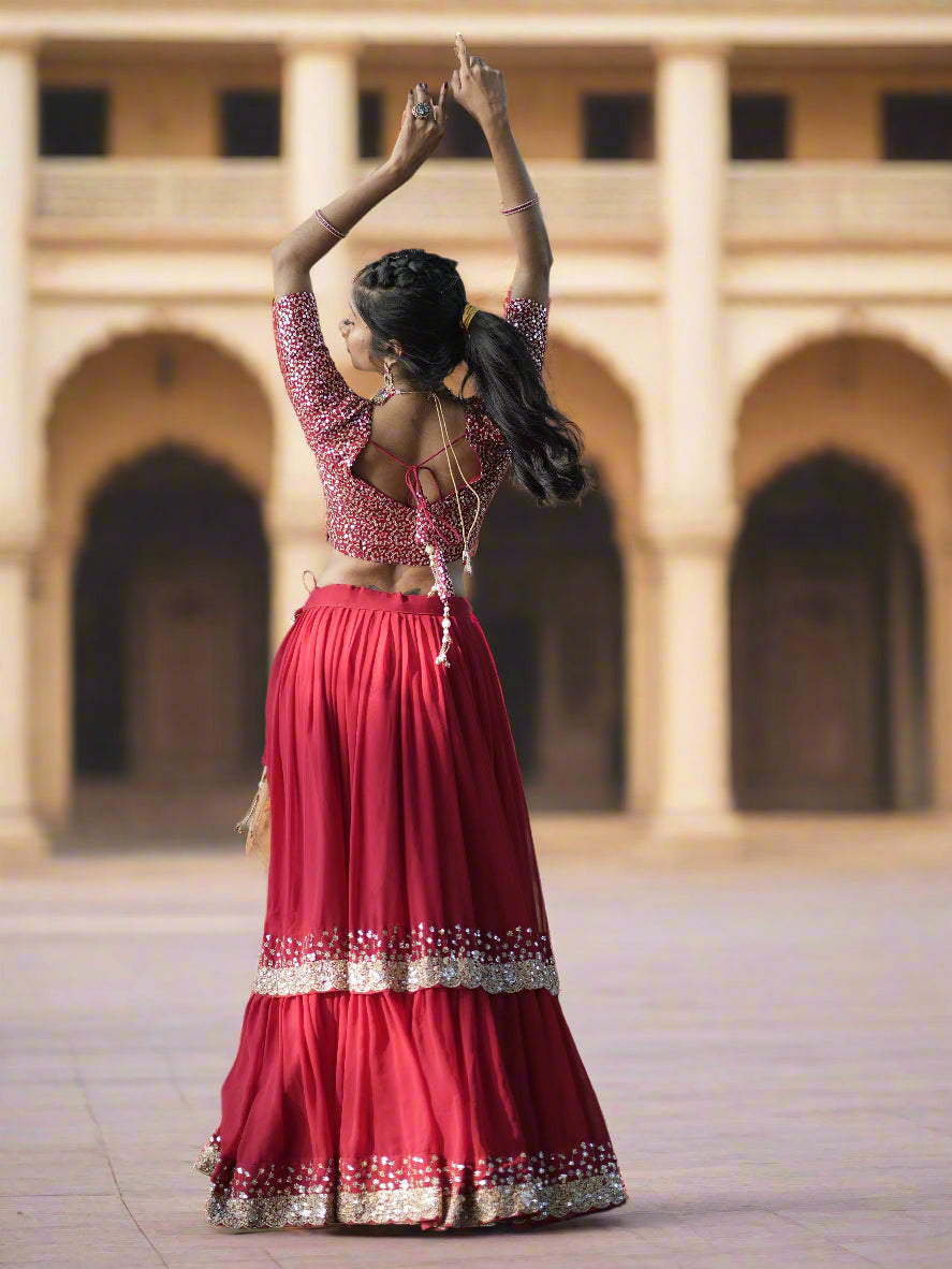 Stunning Red Sequins Georgette Wedding Lehenga Choli With Dupatta