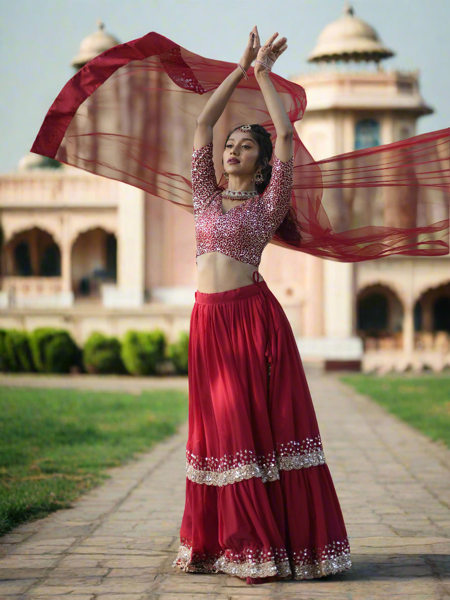 Stunning Red Sequins Georgette Wedding Lehenga Choli With Dupatta