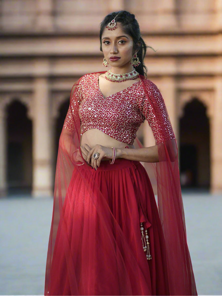 Stunning Red Sequins Georgette Wedding Lehenga Choli With Dupatta