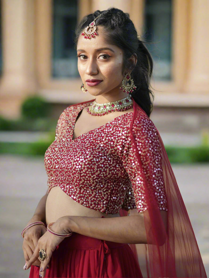 Stunning Red Sequins Georgette Wedding Lehenga Choli With Dupatta
