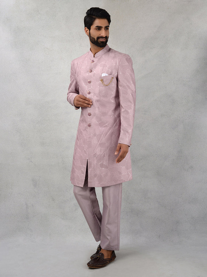 Classic pink silk blend indowestern with resham and sequins embroidery