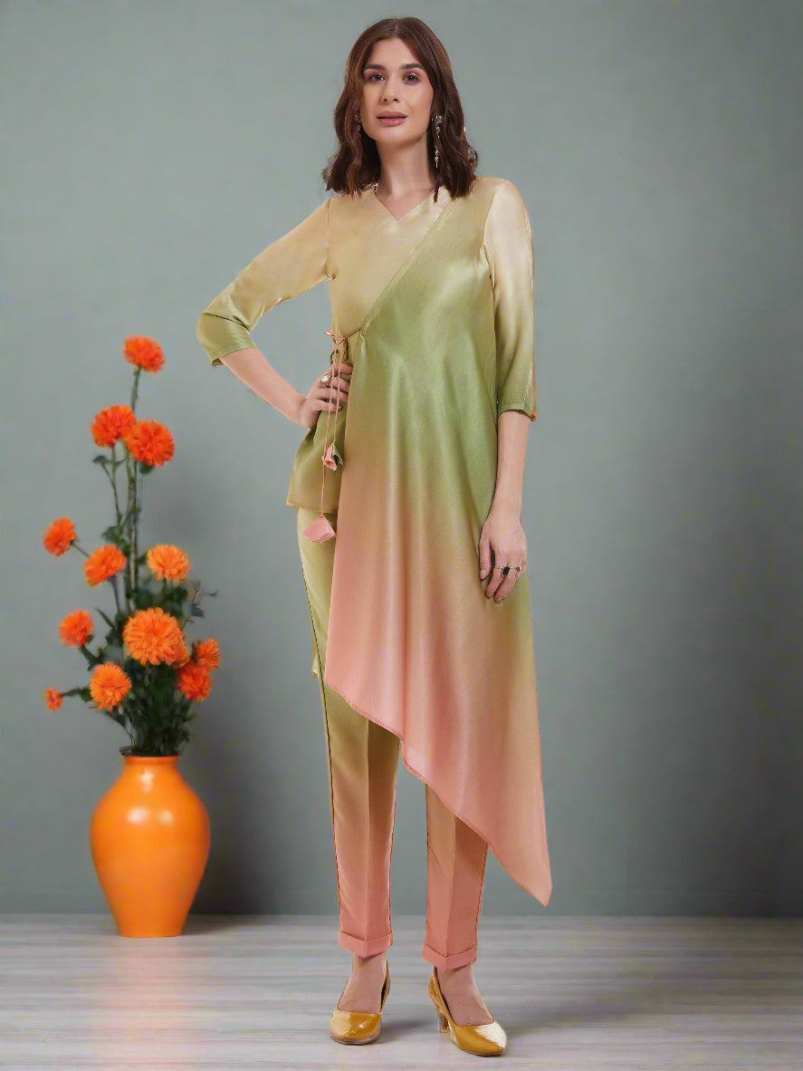 Fabulous Ombre Green Satin Designer Asymmetrical Kurta Set