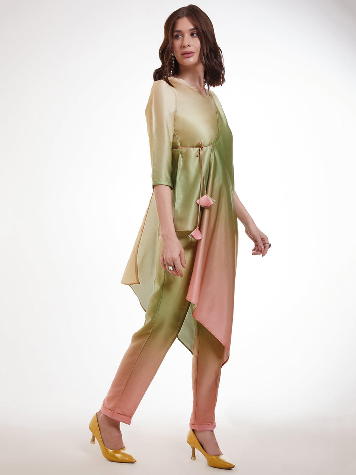 Fabulous Ombre Green Satin Designer Asymmetrical Kurta Set