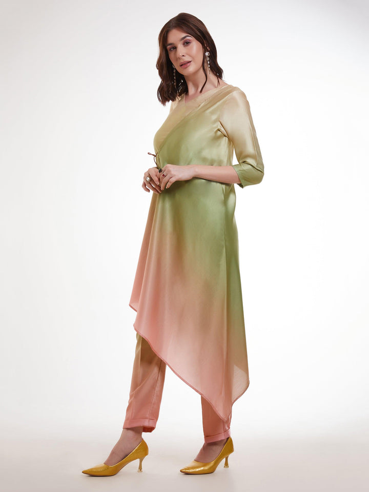 Fabulous Ombre Green Satin Designer Asymmetrical Kurta Set